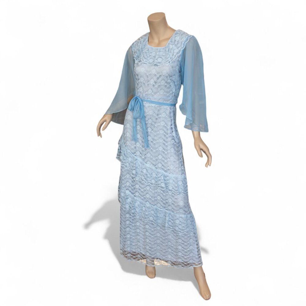 Vintage 1970s Boho Hippie Baby Blue Lace Dress * Small